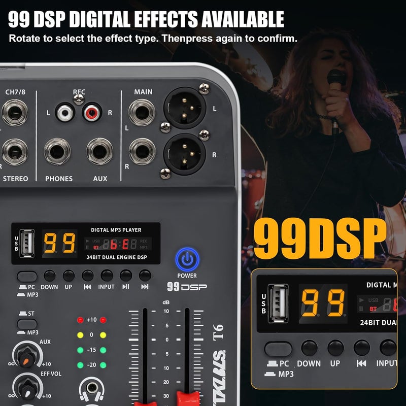 TKLBLS Audio Mixer, Studio Audio Sound Mixer Board, 6 Channel Unpowered Recording Mixers w/USB Audio Interface, DJ Mixer with 48V Phantom Power for KTV, Live Shows, Streaming, Conferences - Image 4